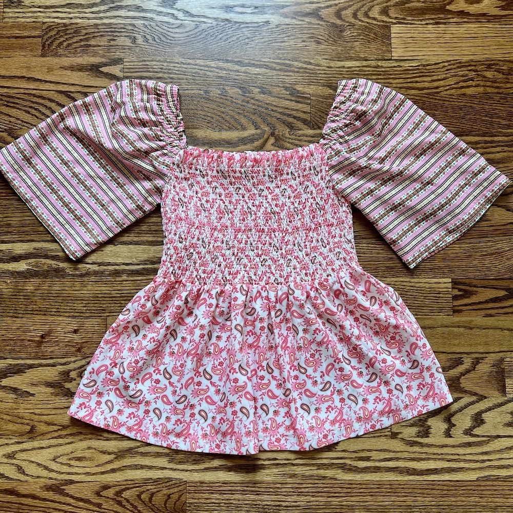 NWOT Sunday Up 100% Cotton Smocked Mixed‎ Print Top Size Small